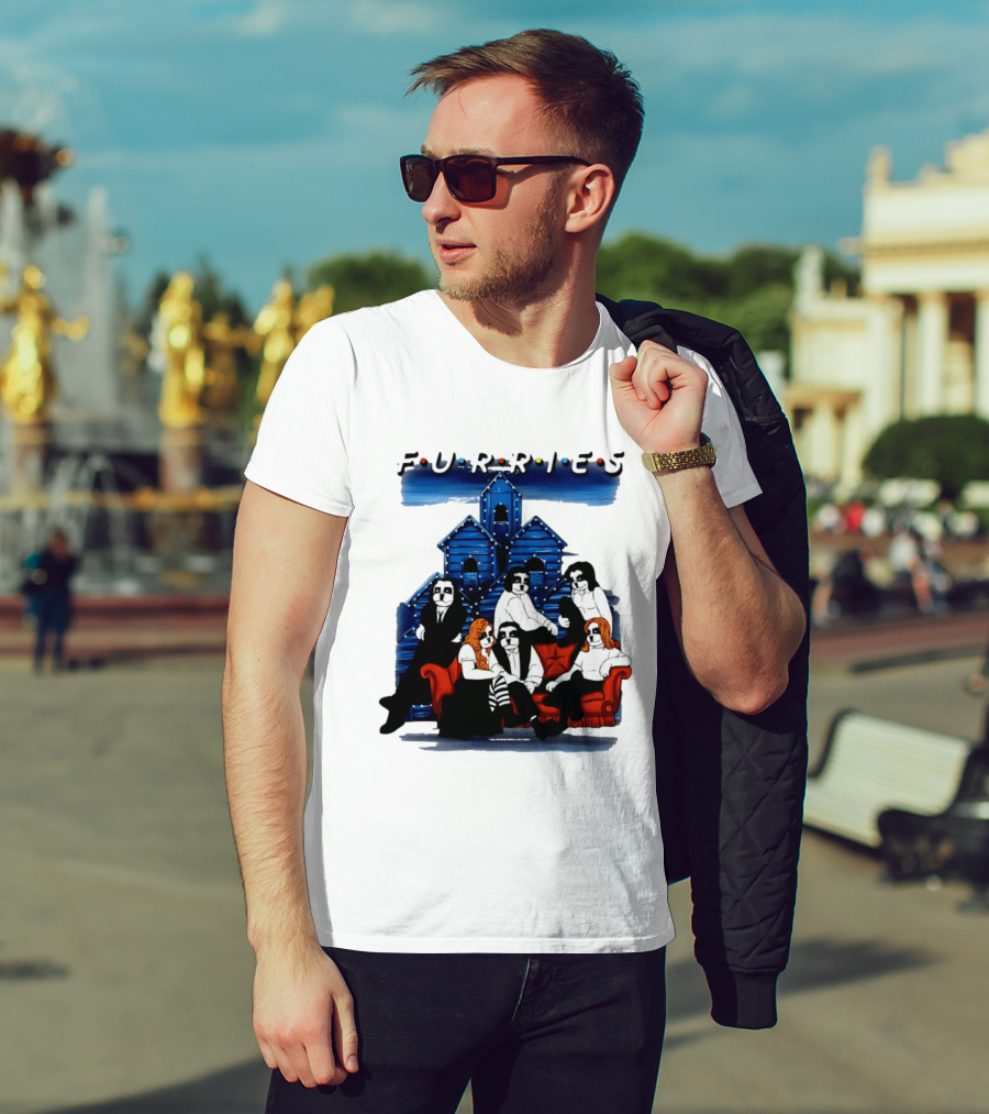 Furries Friends Group Sitting In Front Of Blue Houses T-Shirt