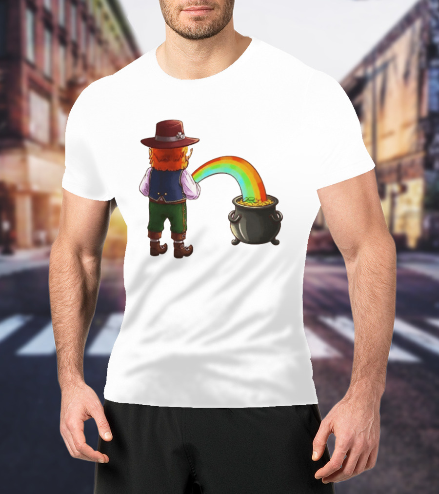 St Patricks Day Leprechaun Pissing Rainbow Into Pot Of Gold Meme T-Shirt