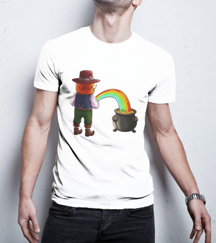 St Patricks Day Leprechaun Pissing Rainbow Into Pot Of Gold Meme T-Shirt