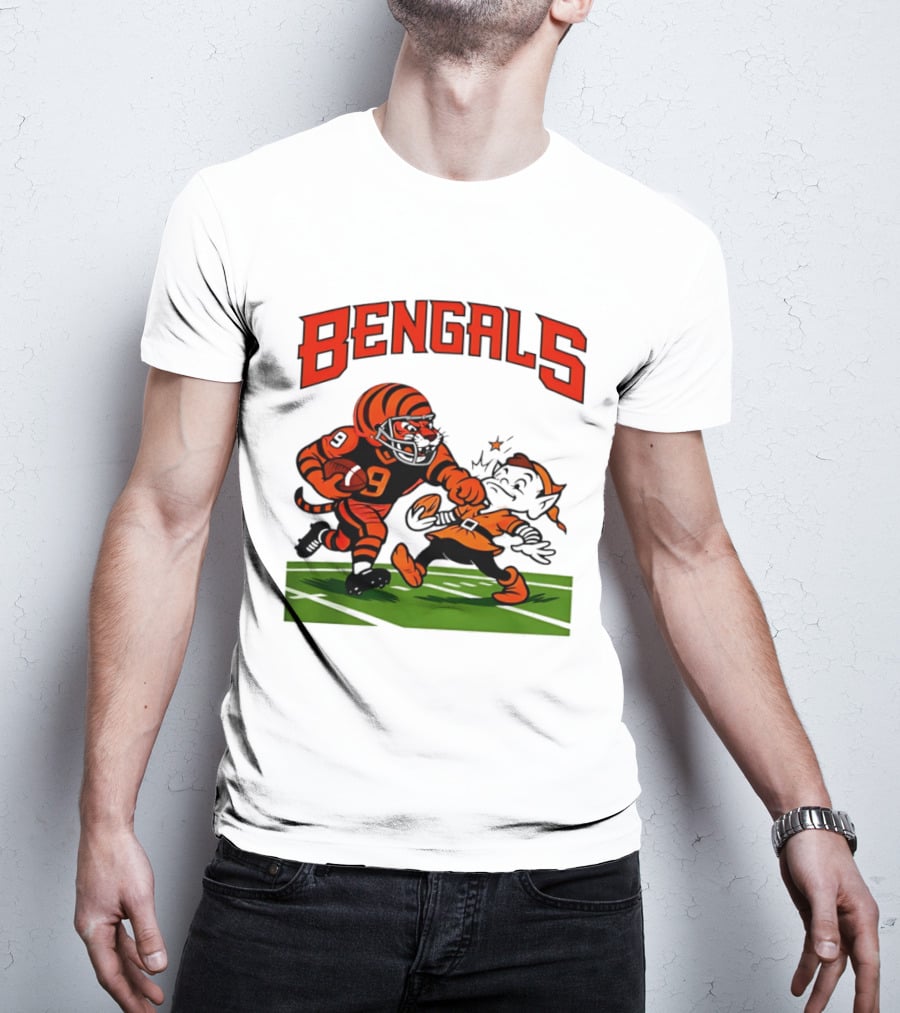 Bengals Tiger Player Tackling Browns Elf Cleveland Rivalry T-Shirt
