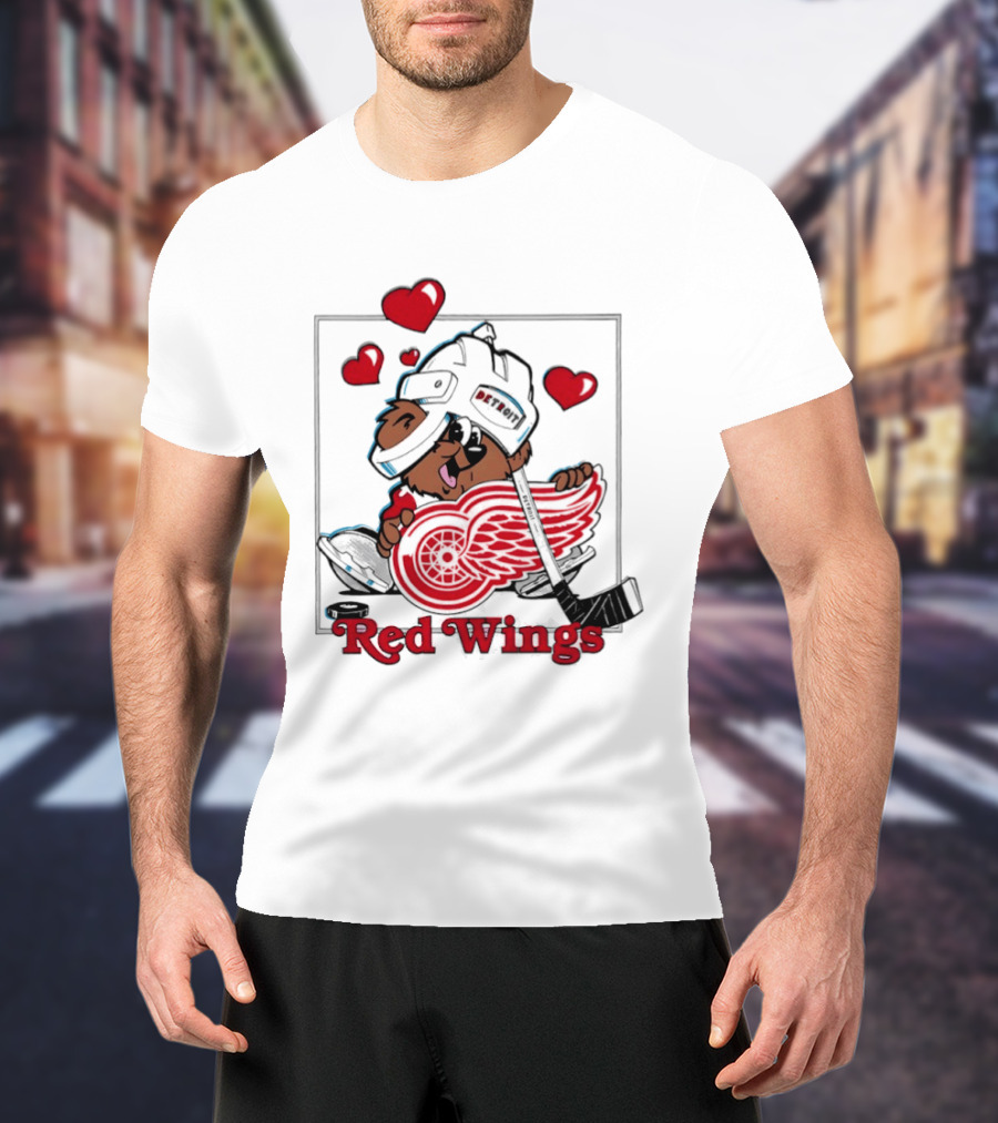 Detroit Red Wings Bear Hugging Hockey Heart With Hearts T-Shirt