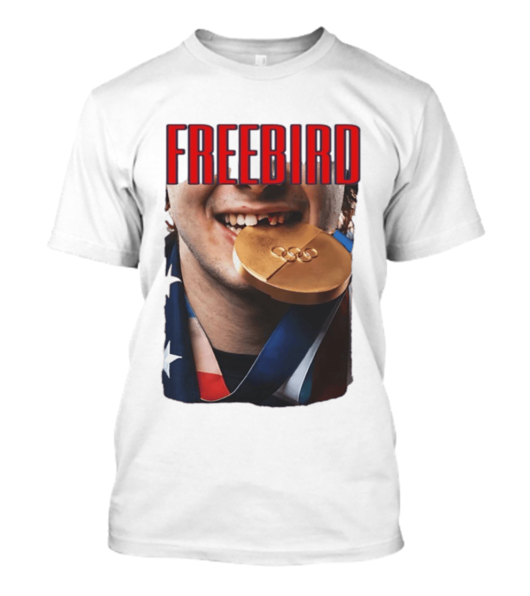 Jack Hughes Freebird Golden Smile Olympic Medal Bite T-Shirt