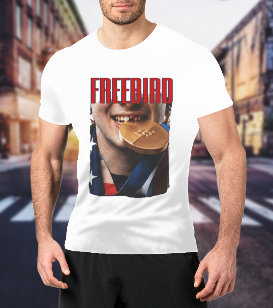 Jack Hughes Freebird Golden Smile Olympic Medal Bite T-Shirt