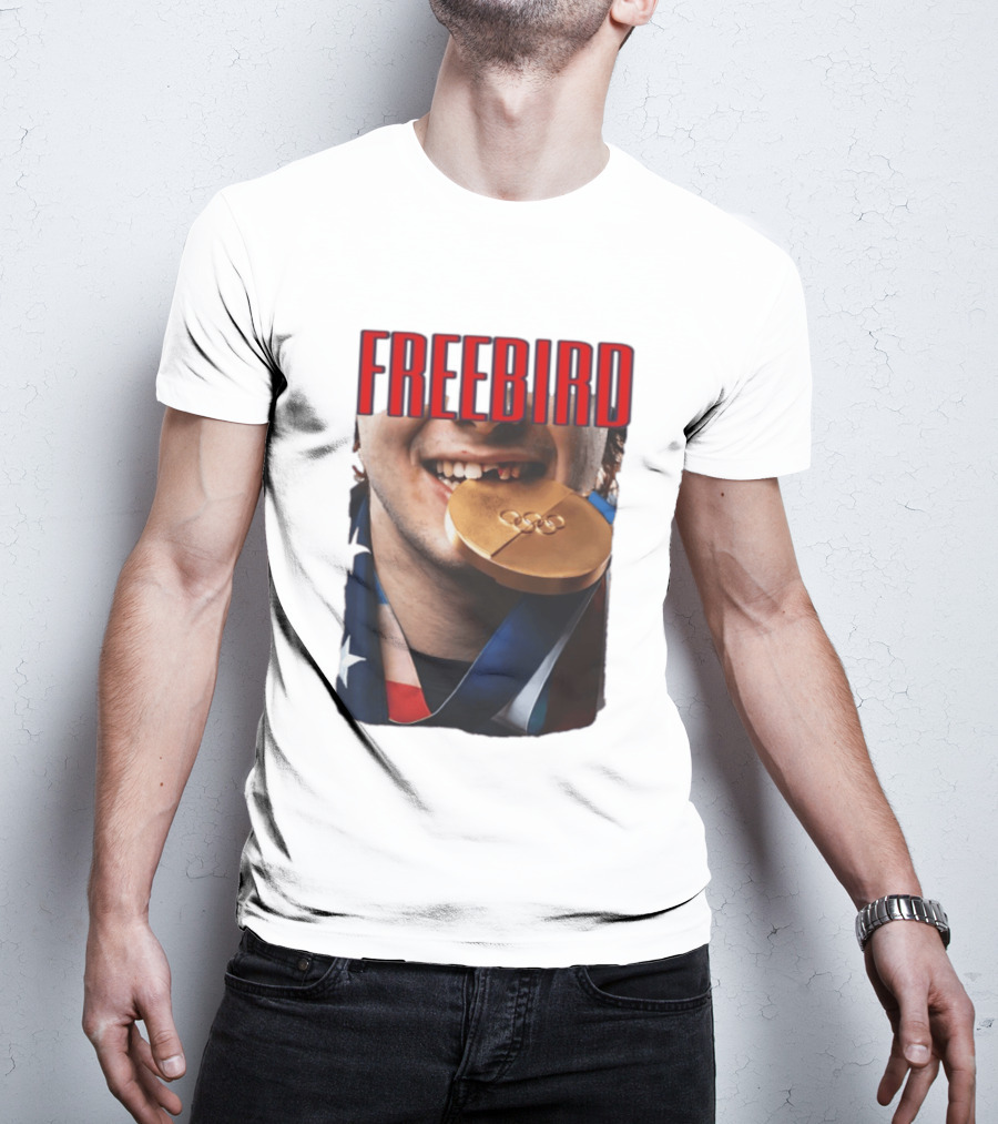 Jack Hughes Freebird Golden Smile Olympic Medal Bite T-Shirt