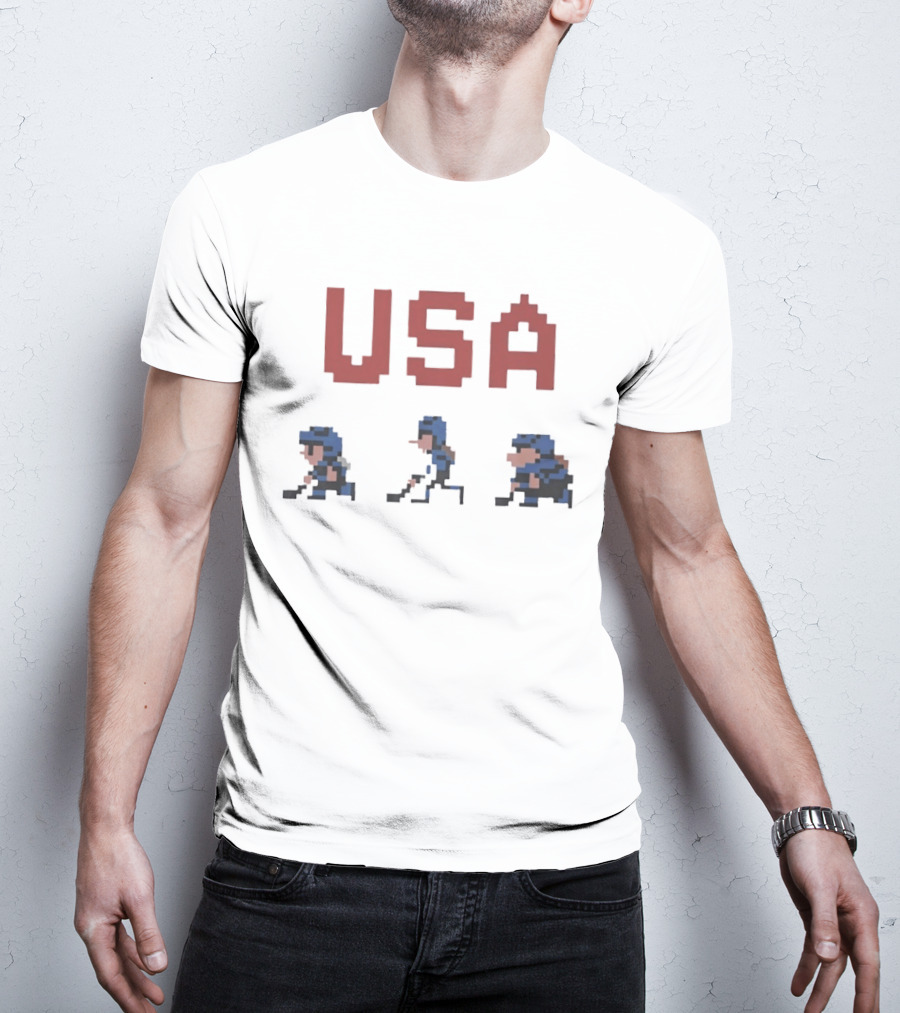 USA Hockey 8 Bit Pixel Characters Retro Sports T-Shirt