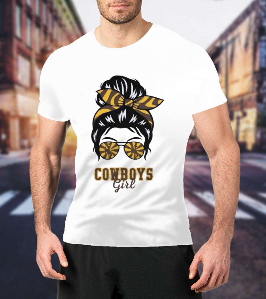 Wyoming Cowboys Girl Messy Bun Zebra Print Headband Glasses T-Shirt