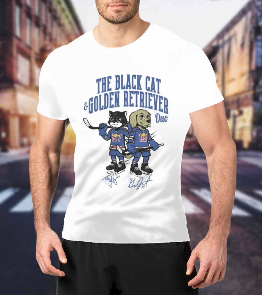 The Black Cat And Golden Retriever Duo Hockey Team 27 13 T-Shirt