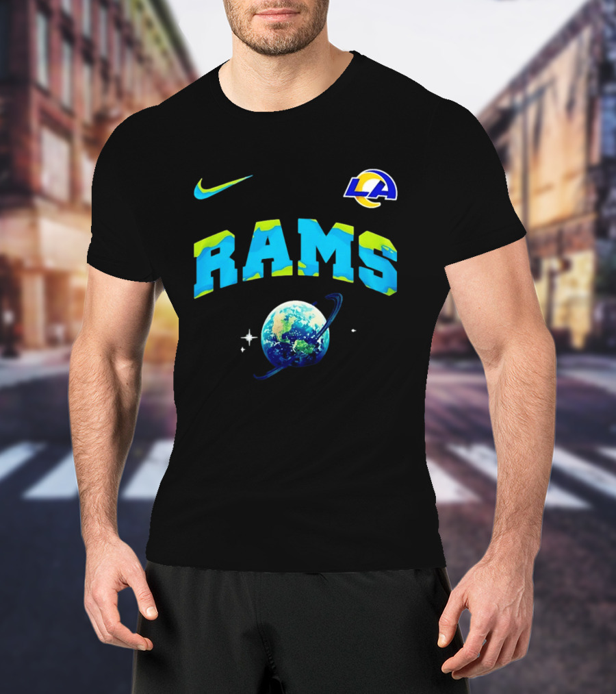 Los Angeles Rams Earth Day One Planet One Goal Nike Collaboration With LA Logo And Planet T-Shirt