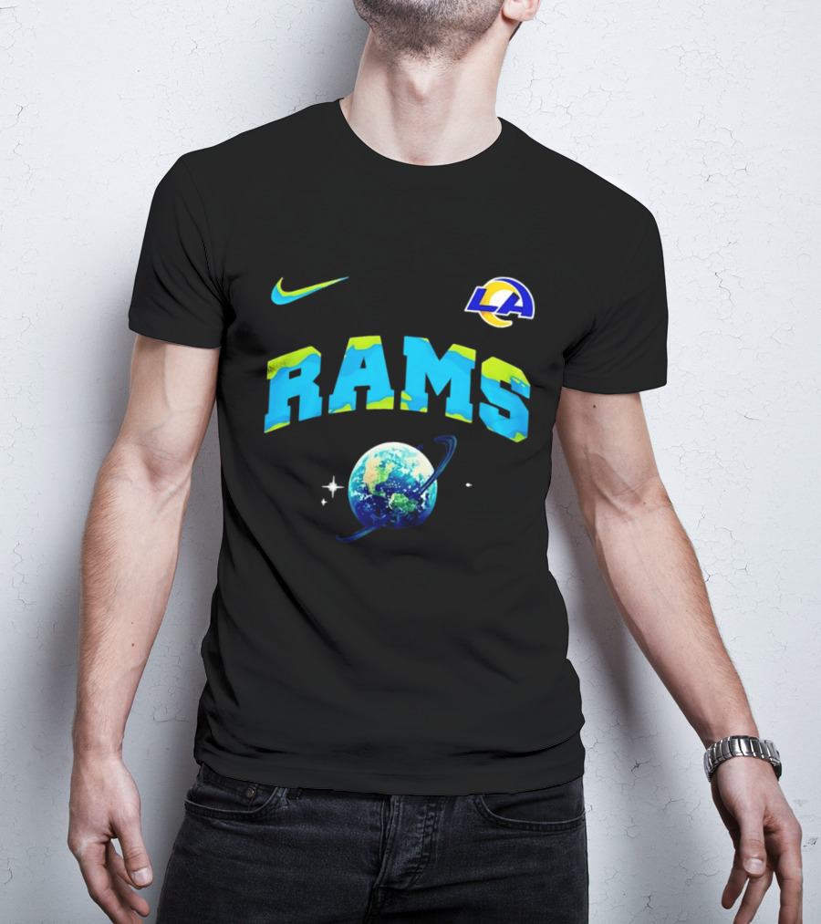Los Angeles Rams Earth Day One Planet One Goal Nike Collaboration With LA Logo And Planet T-Shirt