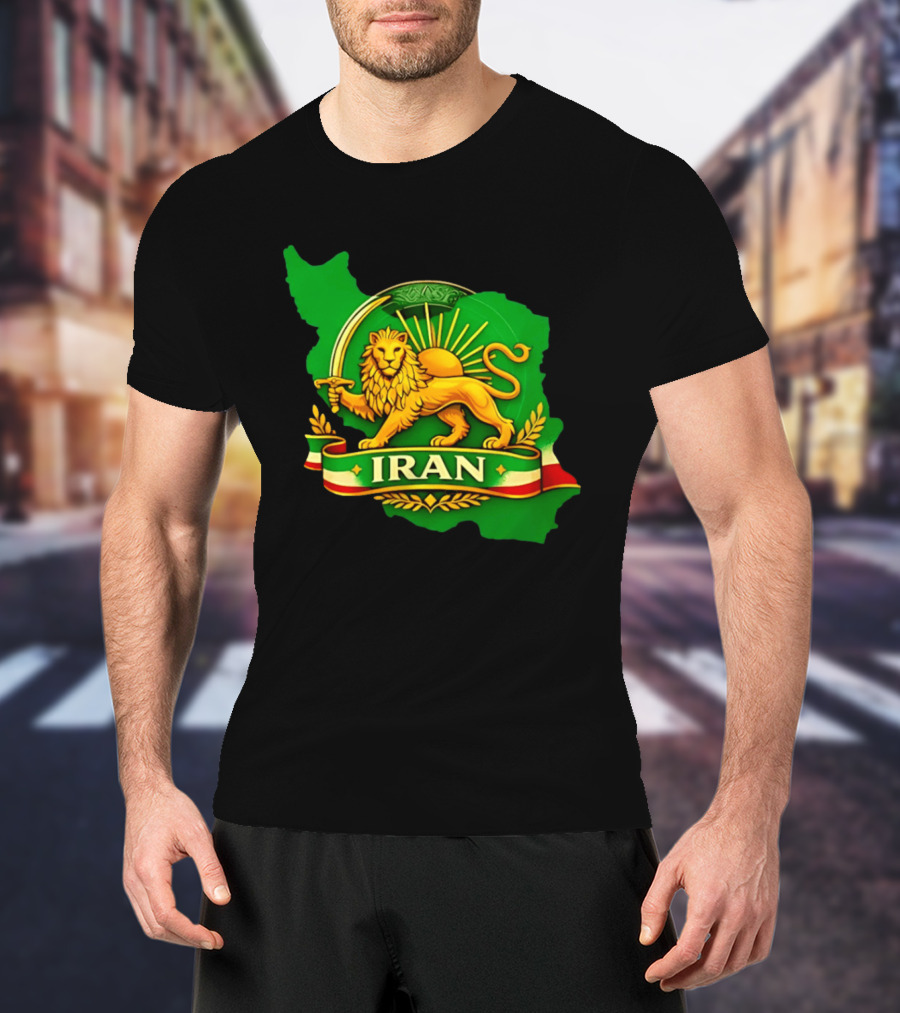 Iran Lion And Sun Emblem On Map Of Iran With National T-Shirt