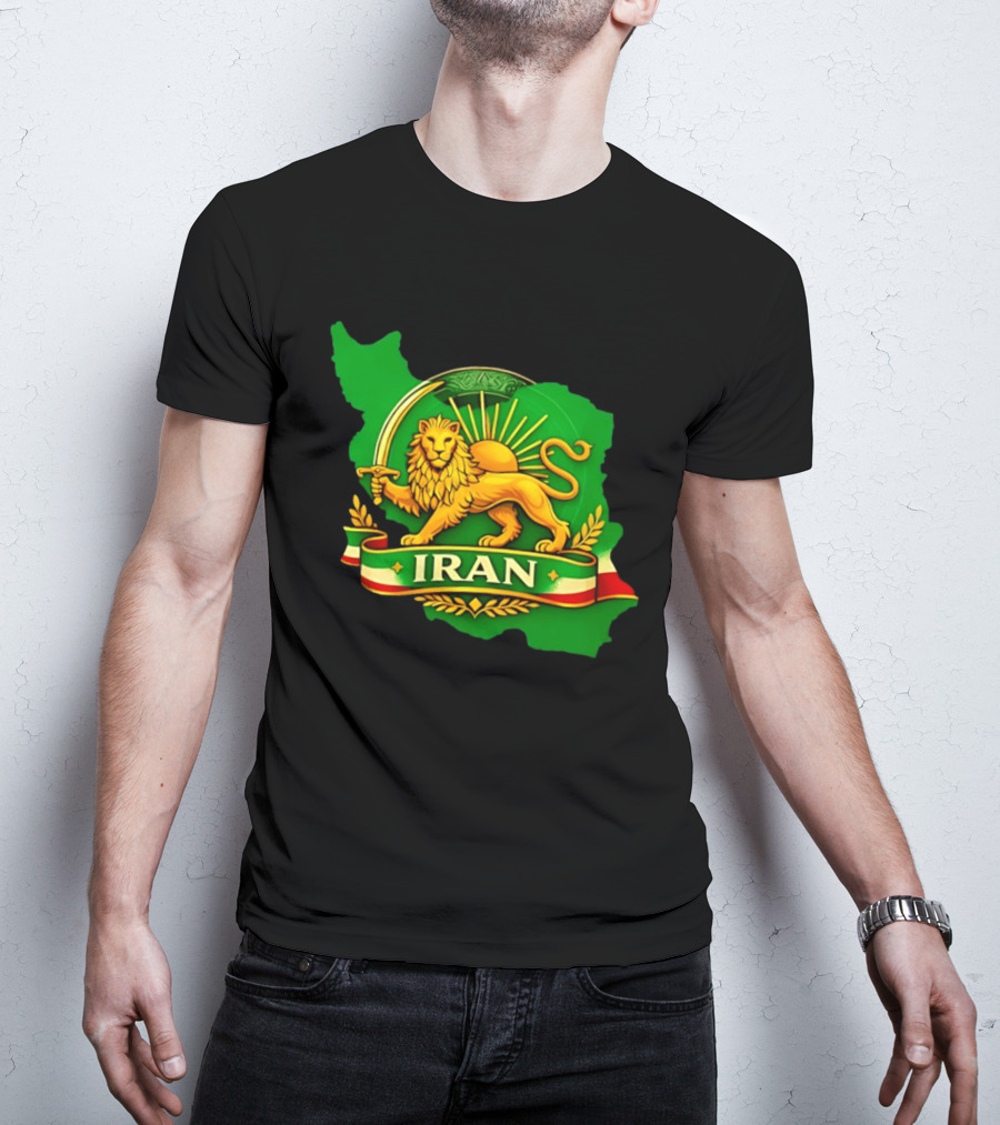 Iran Lion And Sun Emblem On Map Of Iran With National T-Shirt