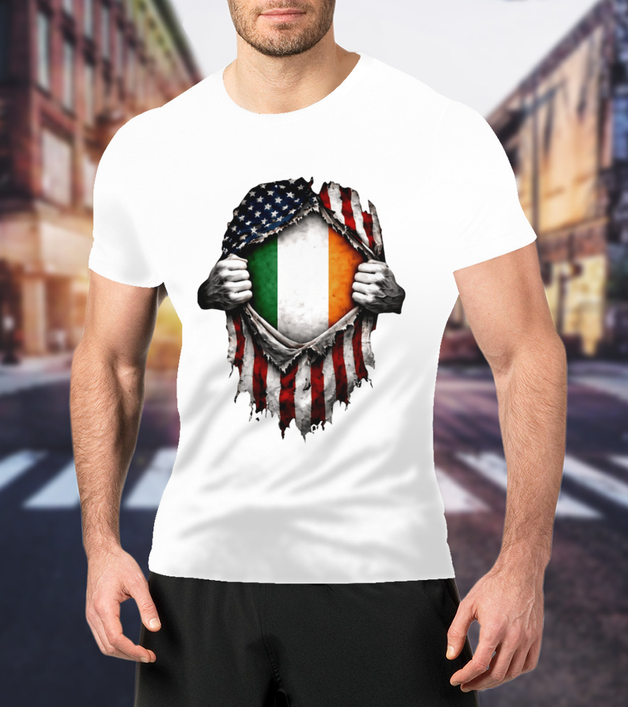 Irish Inside American Flag Tear With Ireland Flag T-Shirt