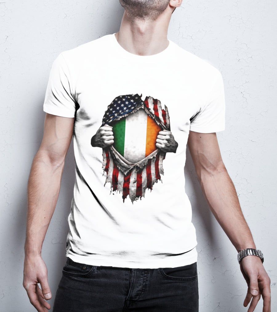 Irish Inside American Flag Tear With Ireland Flag T-Shirt