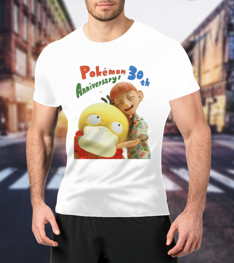 Pokémon 30th Anniversary Pokémon Concierge Psyduck Hugging Celebration T-Shirt