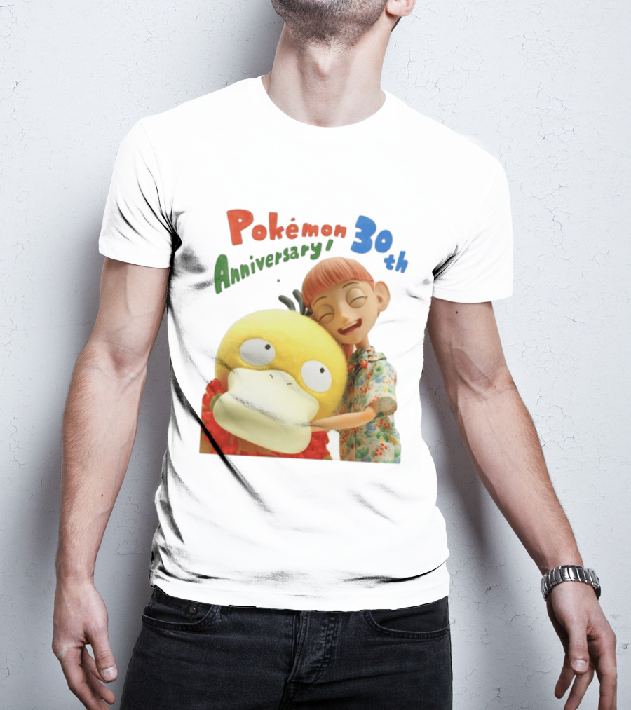 Pokémon 30th Anniversary Pokémon Concierge Psyduck Hugging Celebration T-Shirt