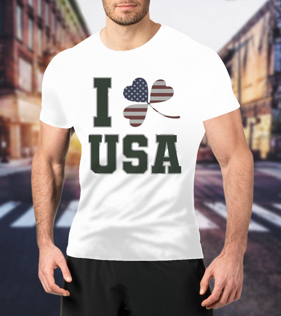 I Love USA St Patrick's Day Shamrock American Flag Heart T-Shirt
