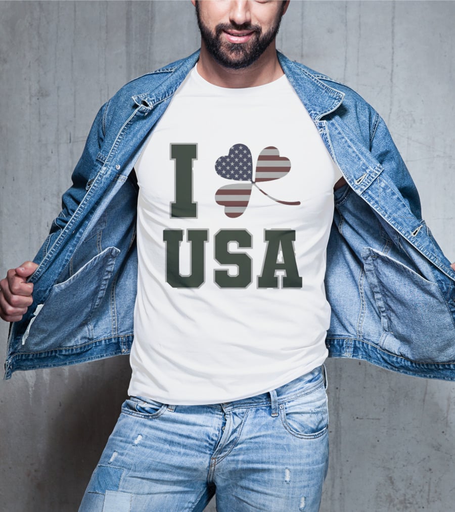 I Love USA St Patrick's Day Shamrock American Flag Heart T-Shirt