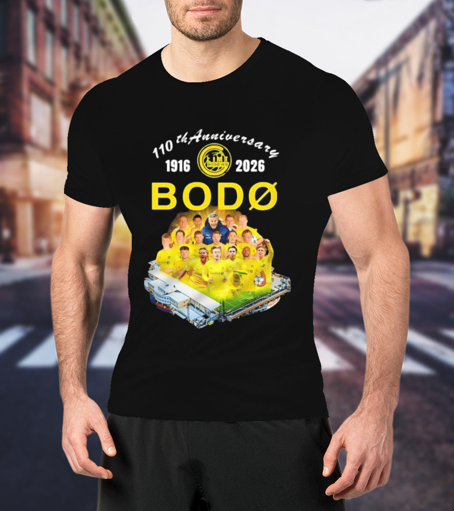 Bodø Glimt 110th Anniversary 1916 2026 Aspmyra Stadion Collage Featuring Players And Signatures T-Shirt
