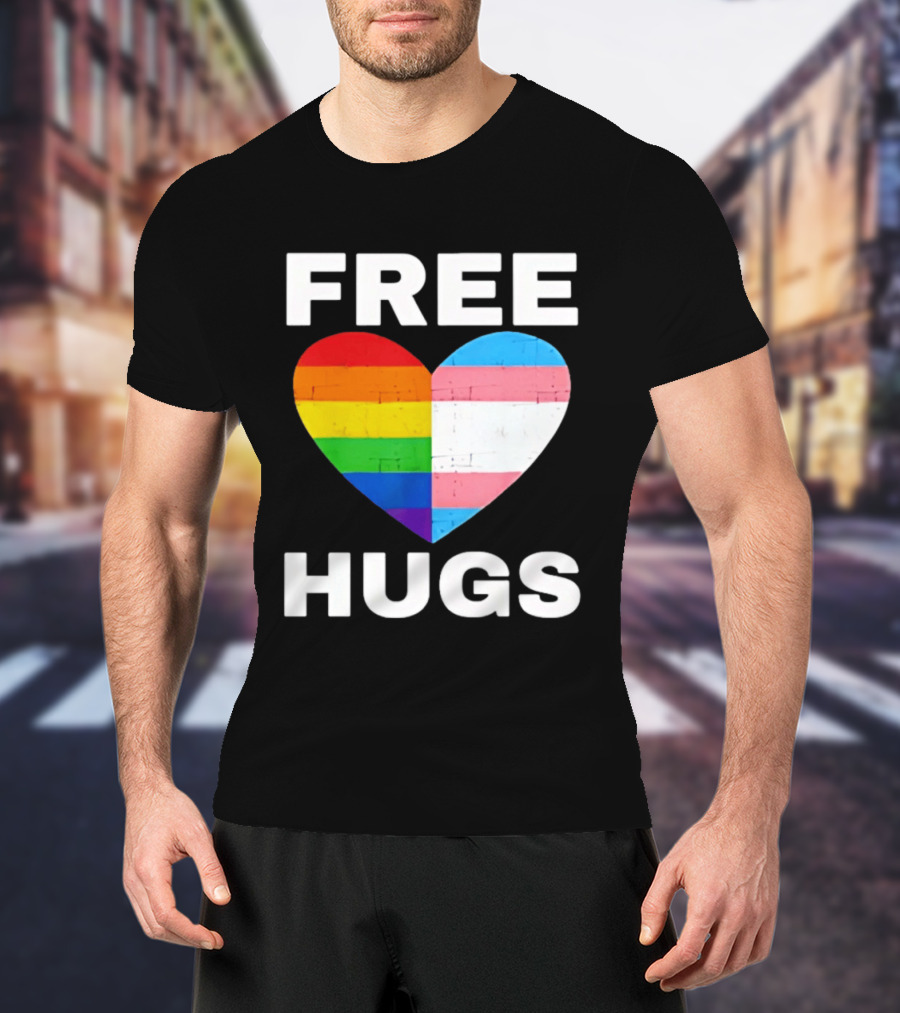 Free Hugs LGBTQ Rainbow Heart Pride T-Shirt