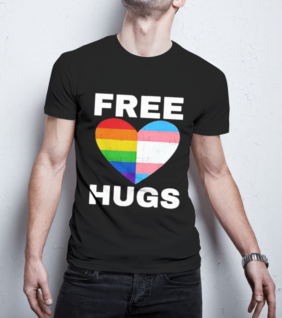 Free Hugs LGBTQ Rainbow Heart Pride T-Shirt