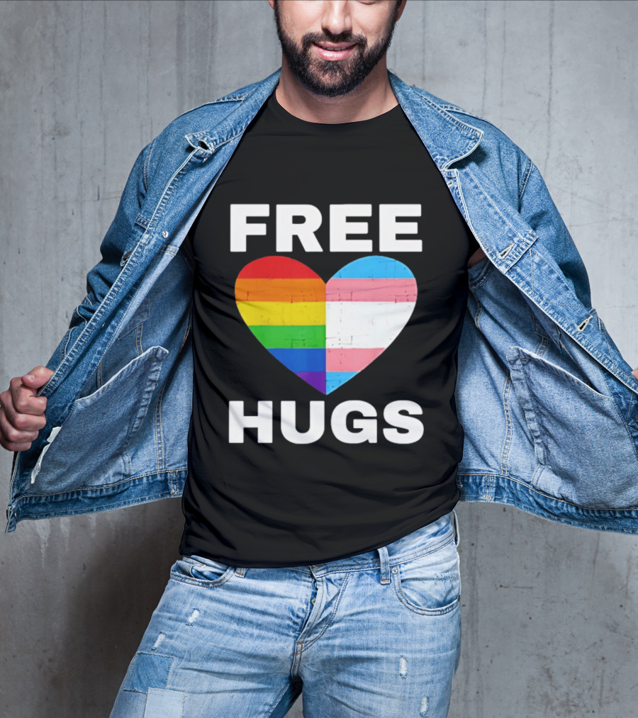 Free Hugs LGBTQ Rainbow Heart Pride T-Shirt