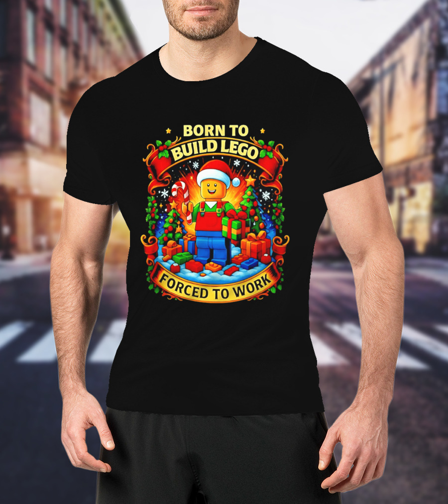 Santa Lego Born To Build Lego Forced To Work Christmas Cartoon T-Shirt