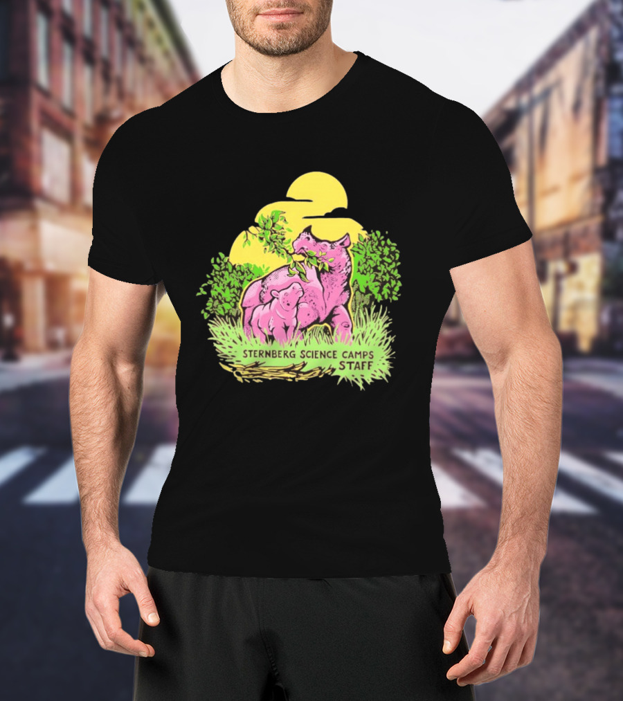 Sternberg Science Camps Staff Pink Dinosaurs Under Yellow Sun T-Shirt