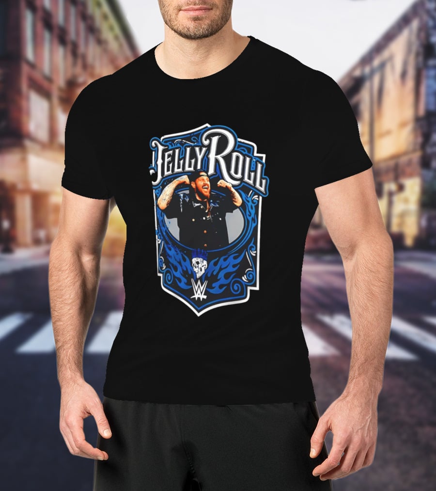 Jelly Roll WWE Superstar Illustration With Flaming Skull And Tattooed Arms T-Shirt