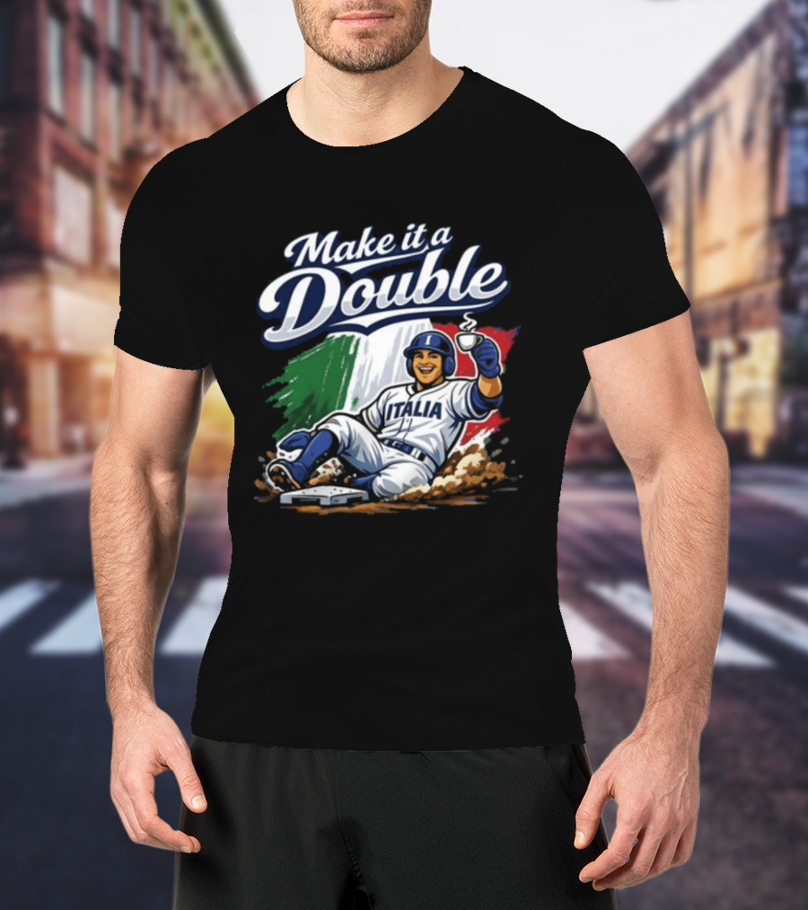 Make It A Double Italia Baseball Sliding Player Italian Flag T-Shirt