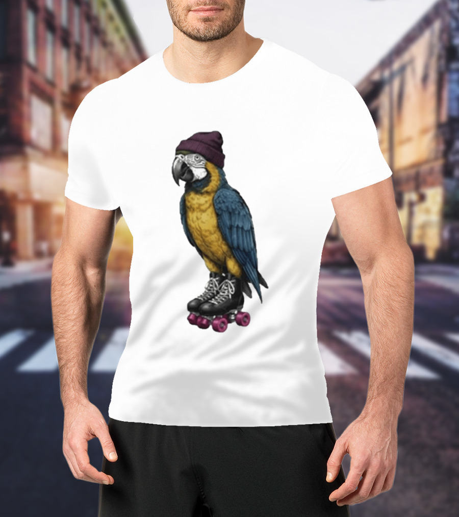 Nice Roller Skating Parrot With Hat And Colorful Feathers T-Shirt