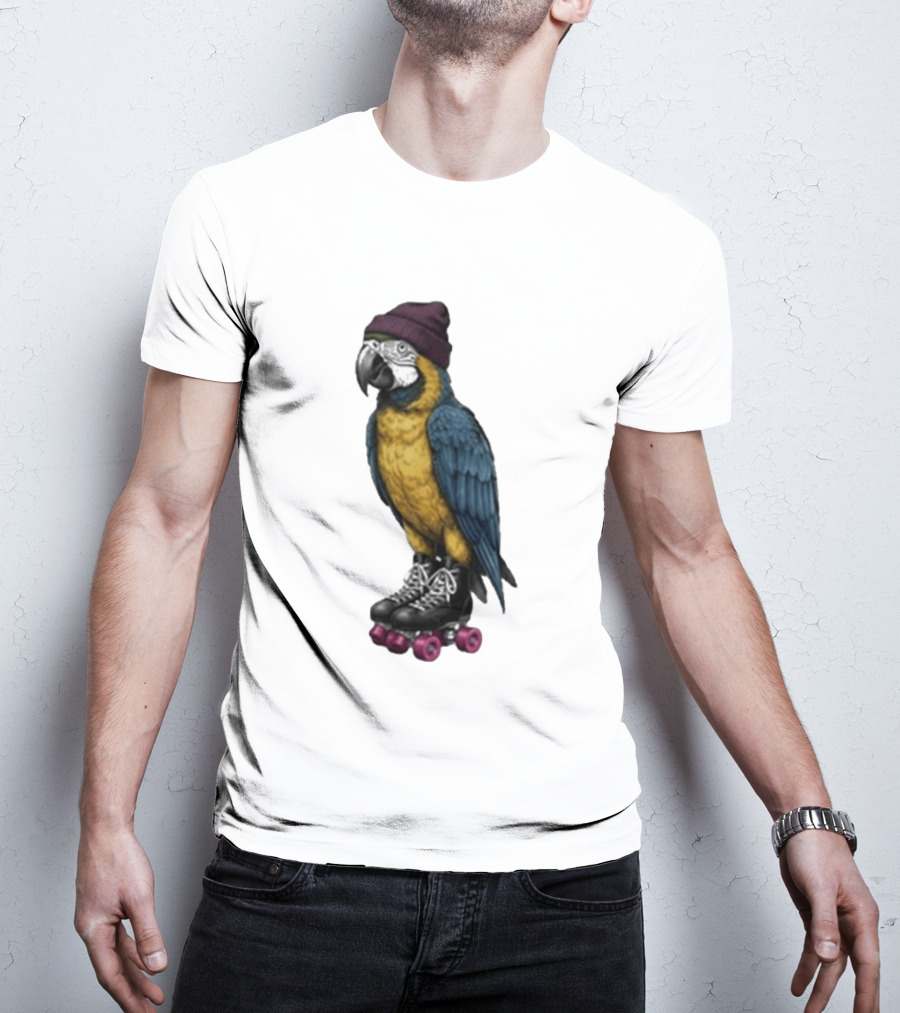 Nice Roller Skating Parrot With Hat And Colorful Feathers T-Shirt