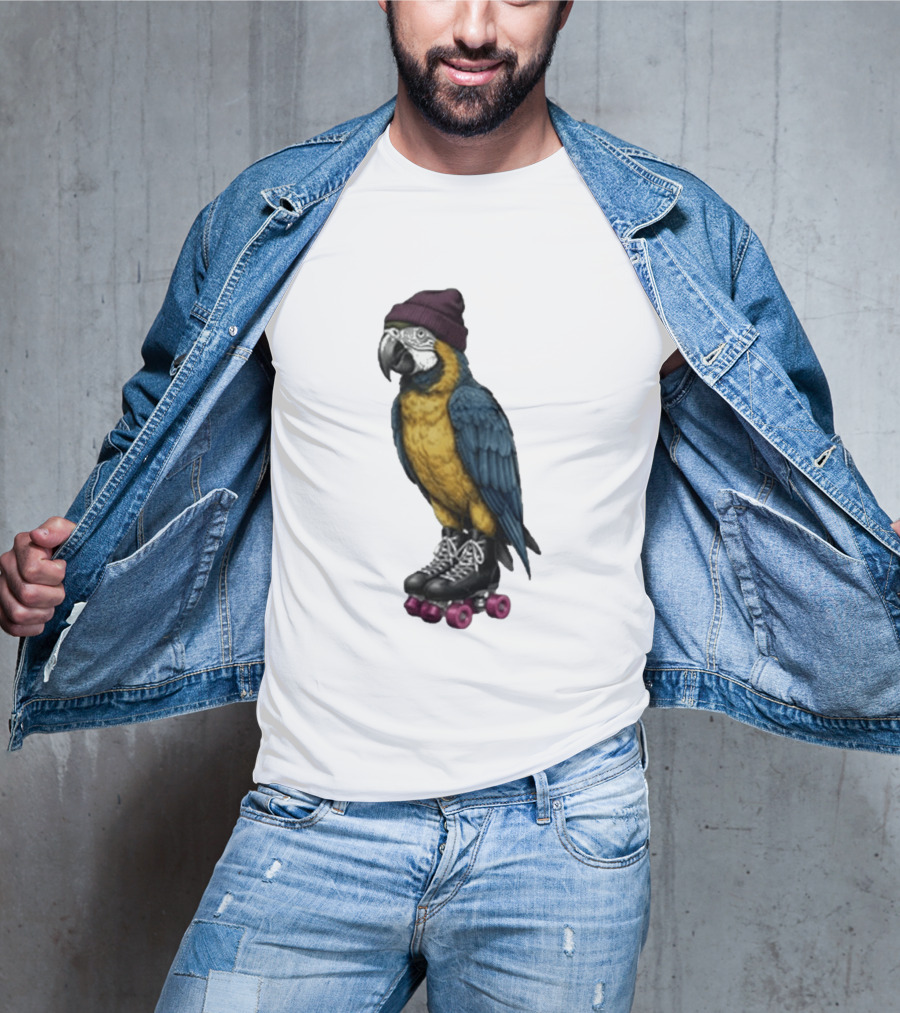 Nice Roller Skating Parrot With Hat And Colorful Feathers T-Shirt