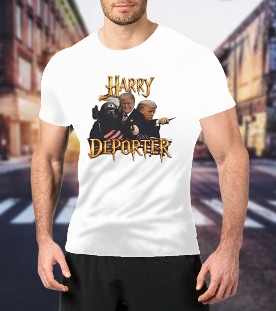 Harry Deporter Trump Magic ICE Badge Wand American Flag T-Shirt