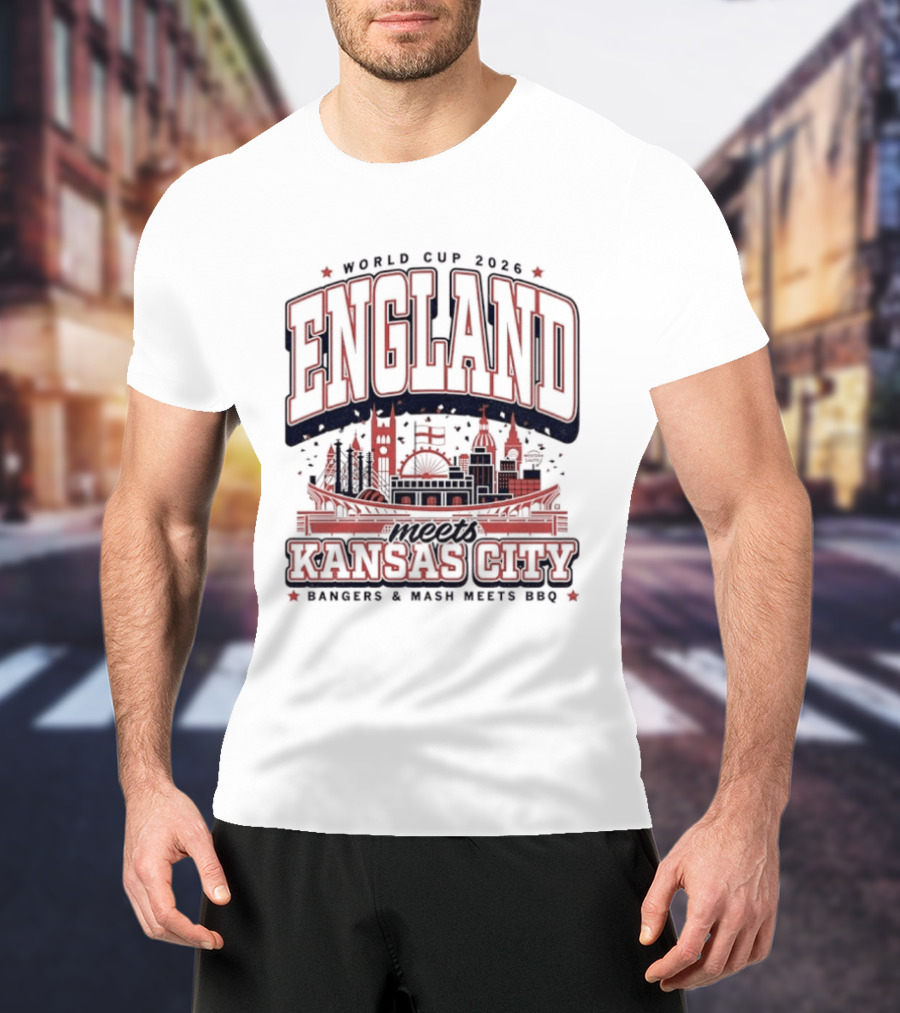 World Cup 2026 England Kansas City Bangers And Mash Meets BBQ Skyline T-Shirt