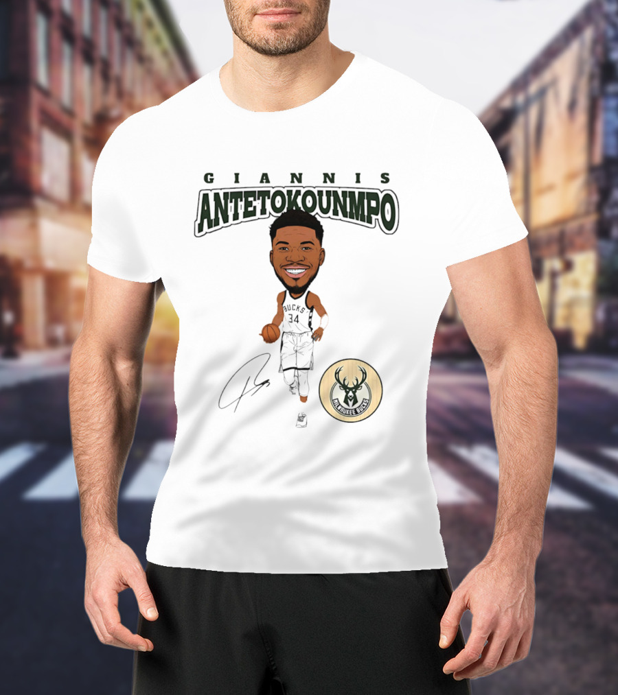 Giannis Antetokounmpo Milwaukee Bucks Hardwood Comic Caricature Basketball Signature 34 T-Shirt