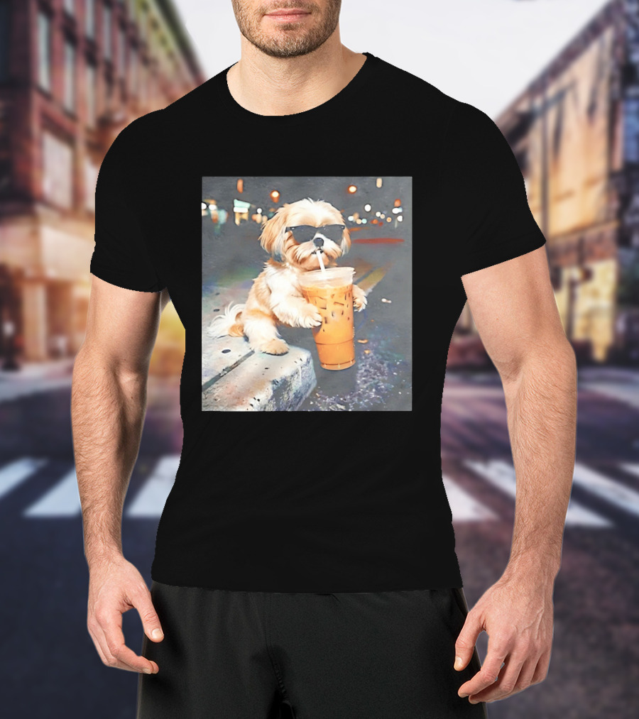 Shih Tzu Enjoying Iced Coffee At Night With Sunglasses T-Shirt