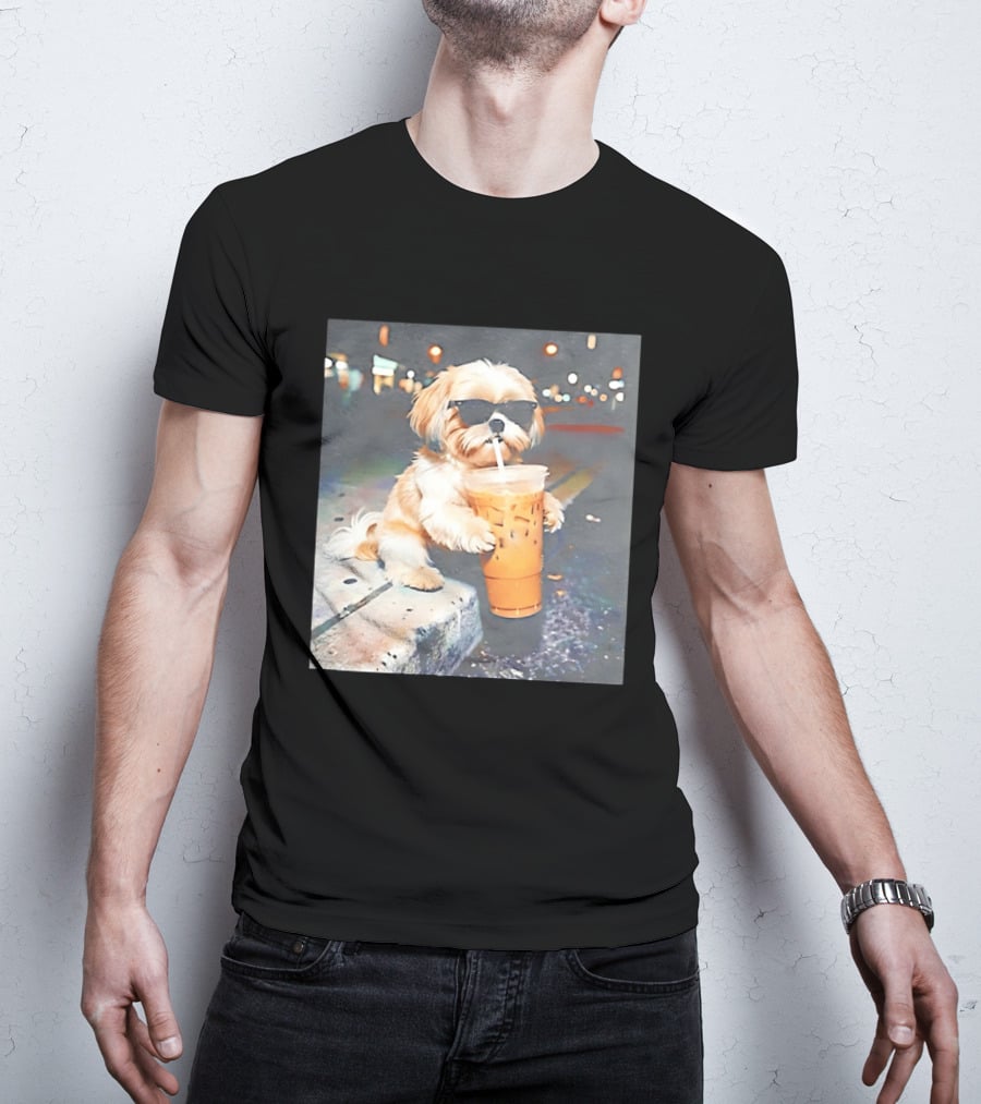 Shih Tzu Enjoying Iced Coffee At Night With Sunglasses T-Shirt