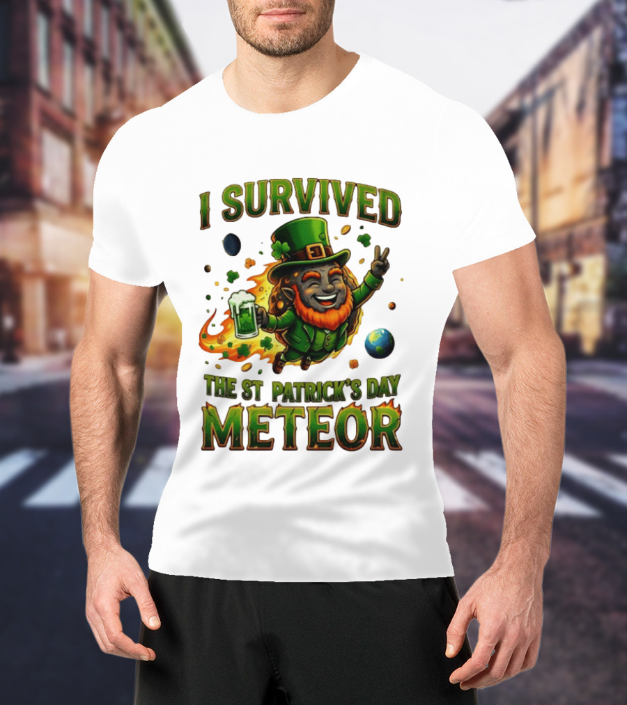 I Survived The St. Patrick's Day Meteor Leprechaun 2026 Green Beer Cheers And Peace T-Shirt