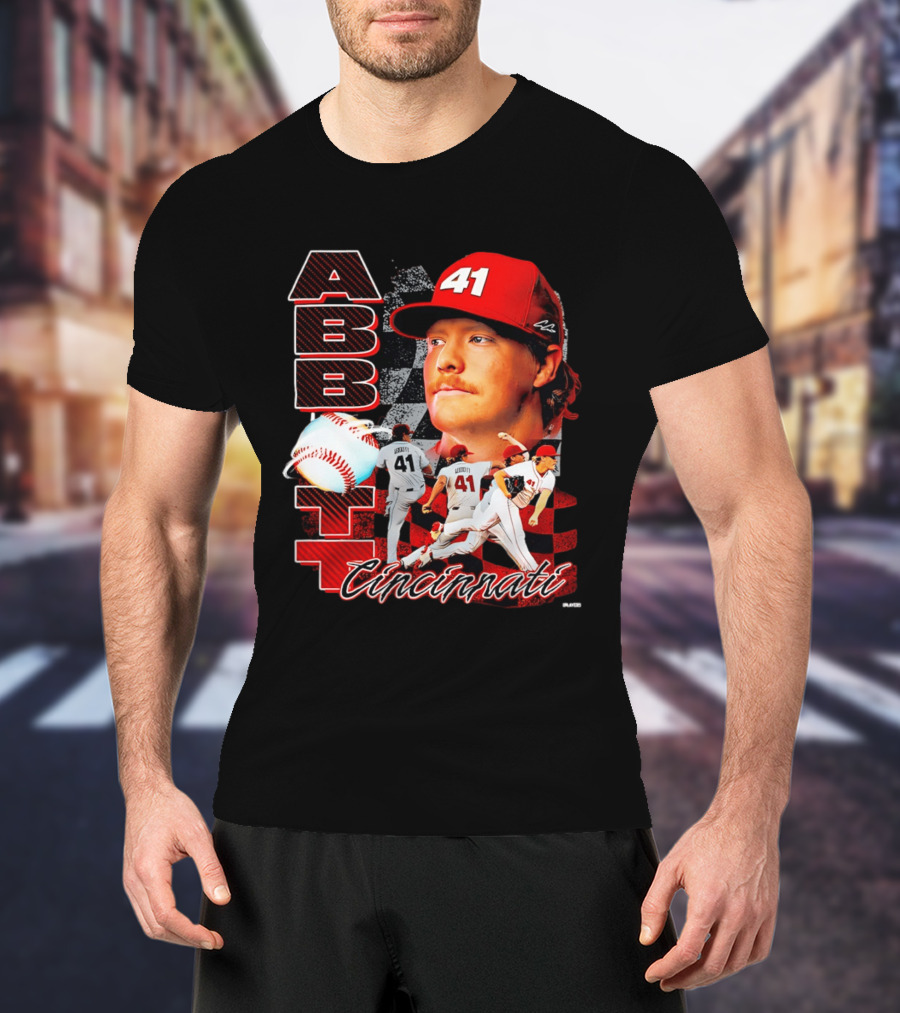 Cincinnati Reds Abbott 41 Baseball Pitcher Portrait Action T-Shirt