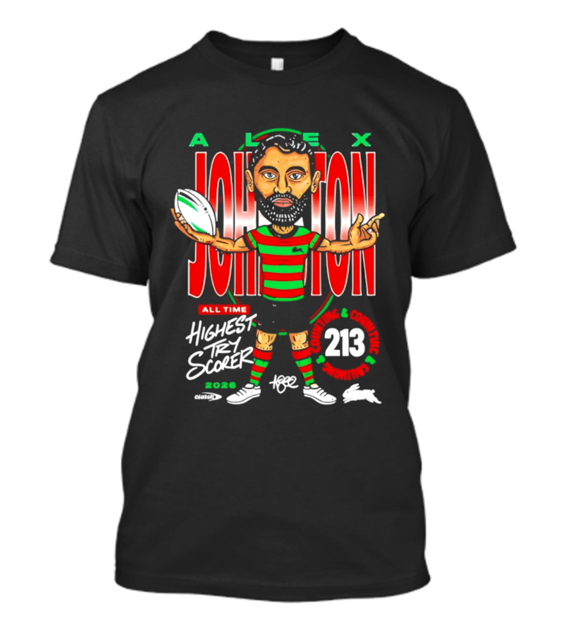 Alex Johnston All Time Highest Try Scorer South Sydney Rabbitohs 2026 213 T-Shirt