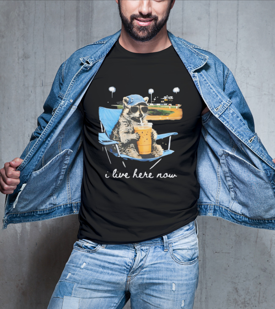 Raccoon I Live Here Now Funny Coffee Lover Camping Chair Sunglasses Baseball Cap T-Shirt