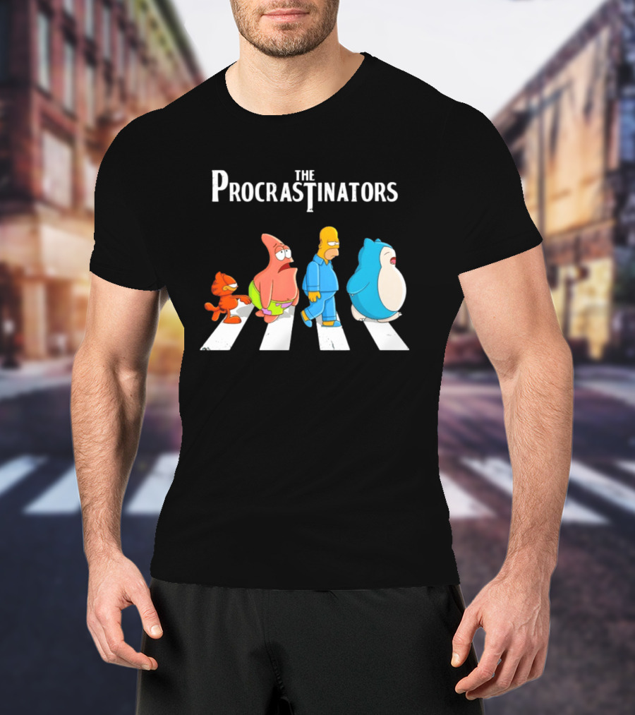 The Procrastinators Cartoon Abbey Road Parody With Iconic Characters Crossing T-Shirt