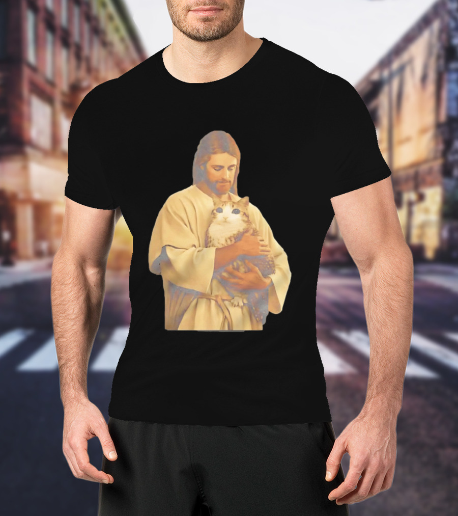 Jesus Embracing Chubby Cat T-Shirt