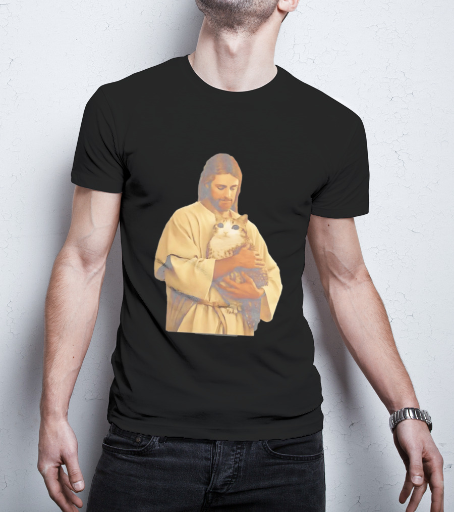 Jesus Embracing Chubby Cat T-Shirt