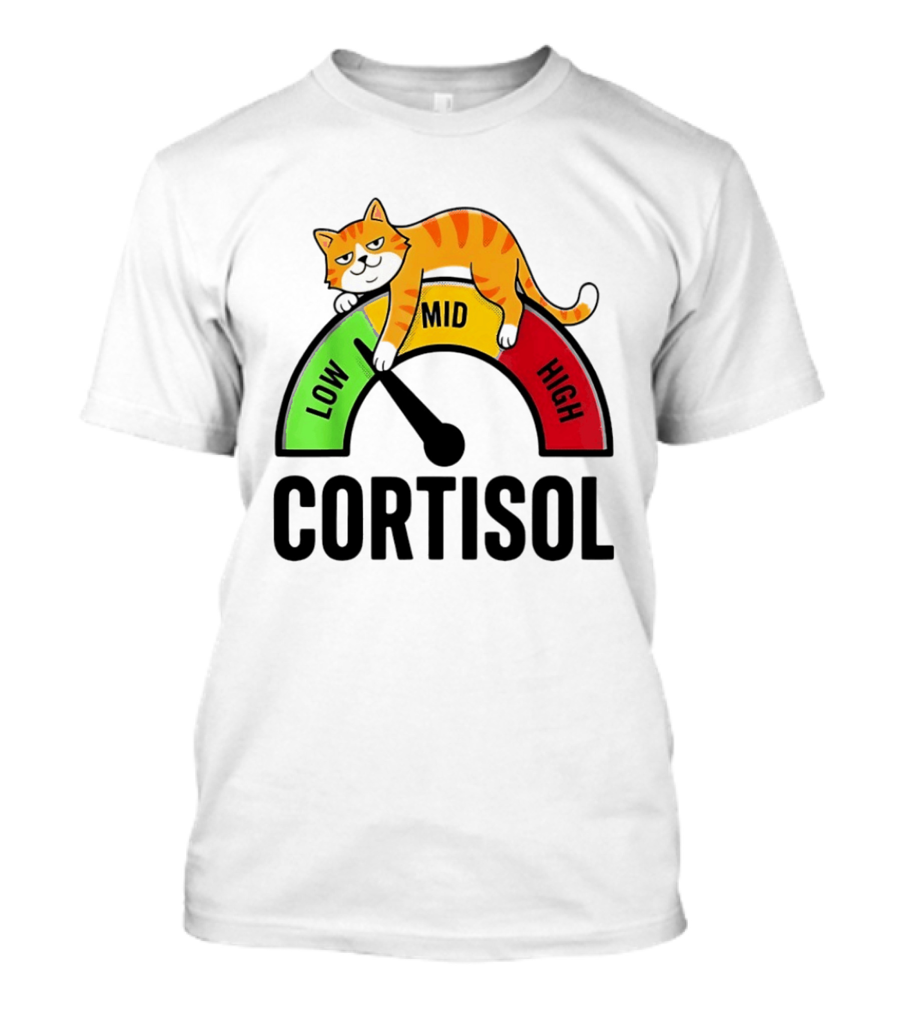 Cat Low Mid High Cortisol Level Meter With Relaxed Orange Cat T-Shirt