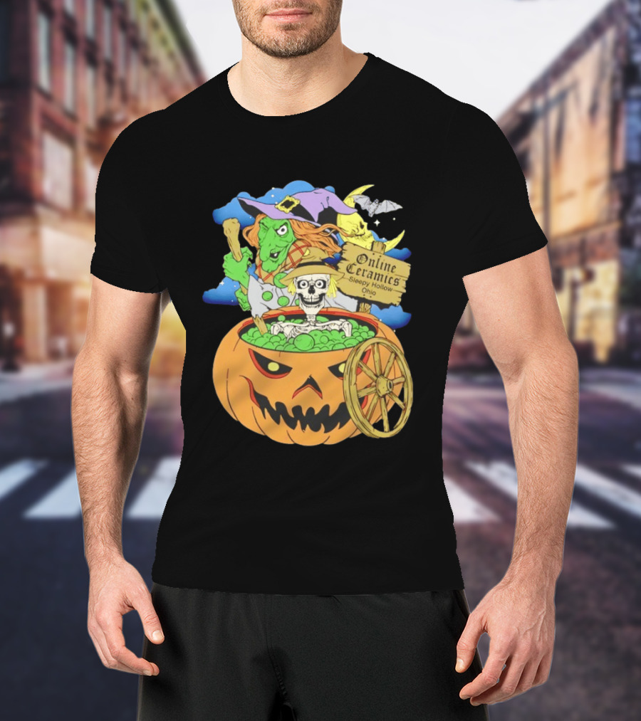 Online Ceramics Sleepy Hollow Ohio Witch Skeleton Pumpkin Cauldron Scene T-Shirt
