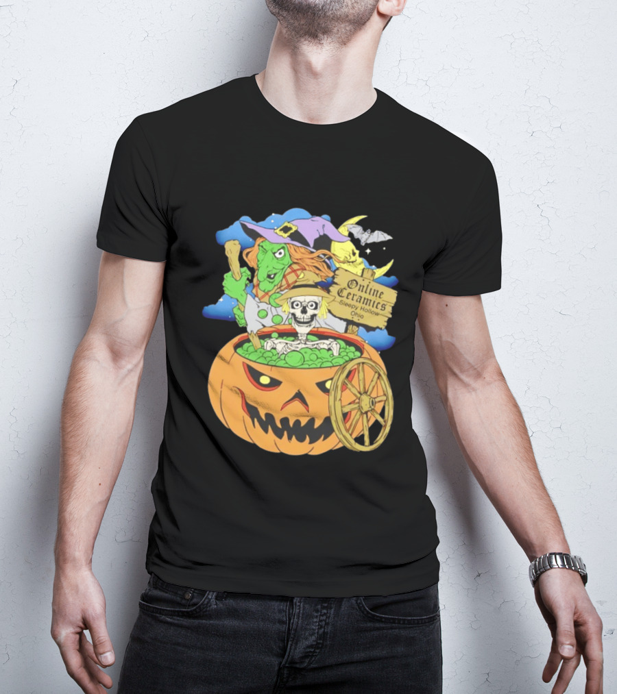 Online Ceramics Sleepy Hollow Ohio Witch Skeleton Pumpkin Cauldron Scene T-Shirt