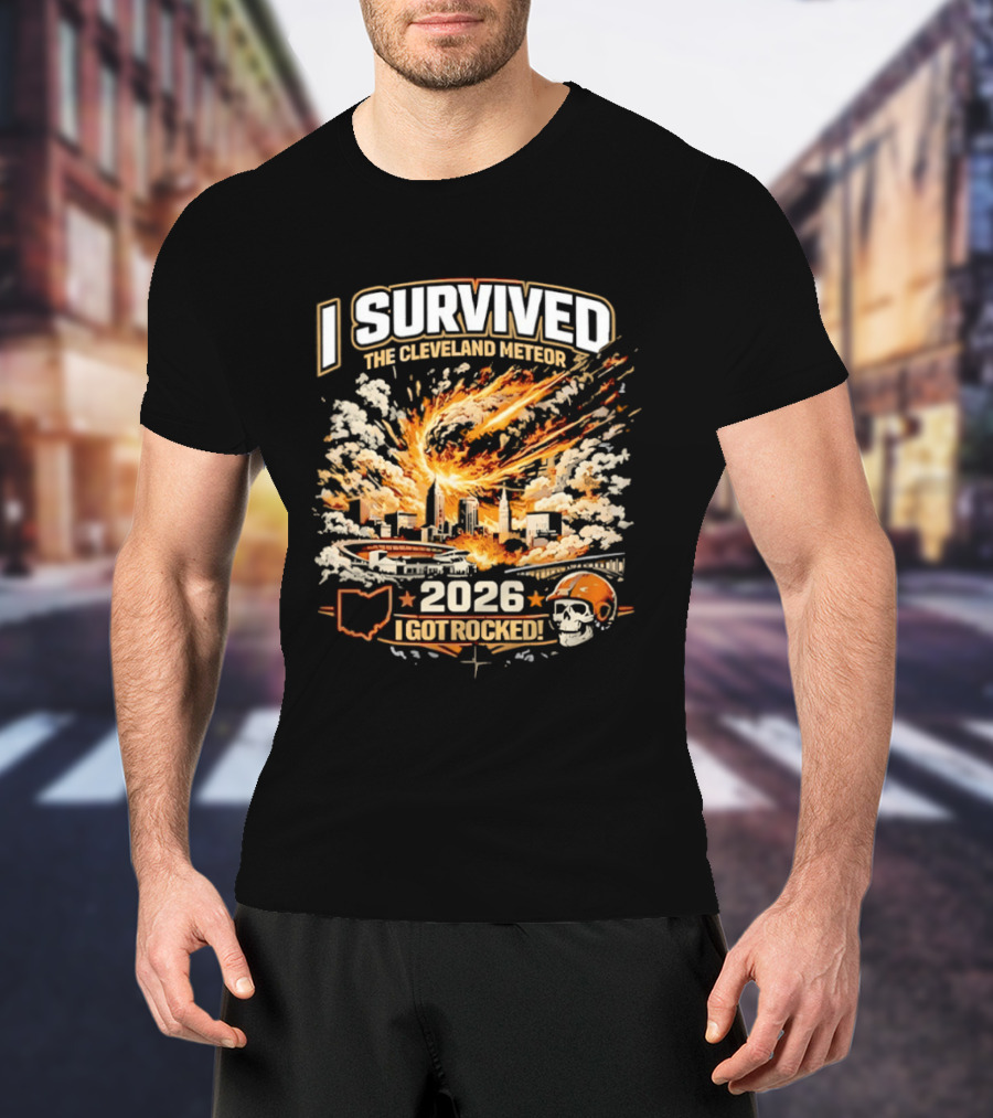 I Survived The Cleveland Meteor 2026 I Got Rocked Explosion Skull Helmet City Skyline T-Shirt