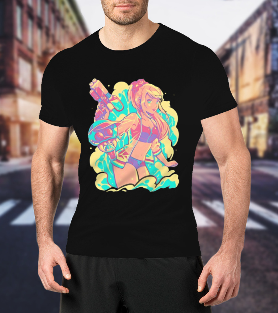Metroid Water Games Neon Anime Girl With Water Gun And Floating Creature T-Shirt
