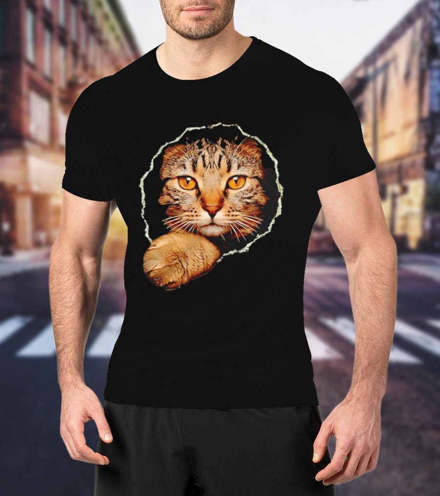 Tabby Cat Golden Eyes Peeking Through Handsome Brown T-Shirt